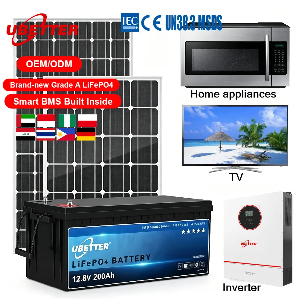 UBETTER 12V LiFePO4 Solid State Battery 100Ah/200Ah Solar Home RV Yacht Camping System with 2000-5000 Cycles & 2 Year Warranty
