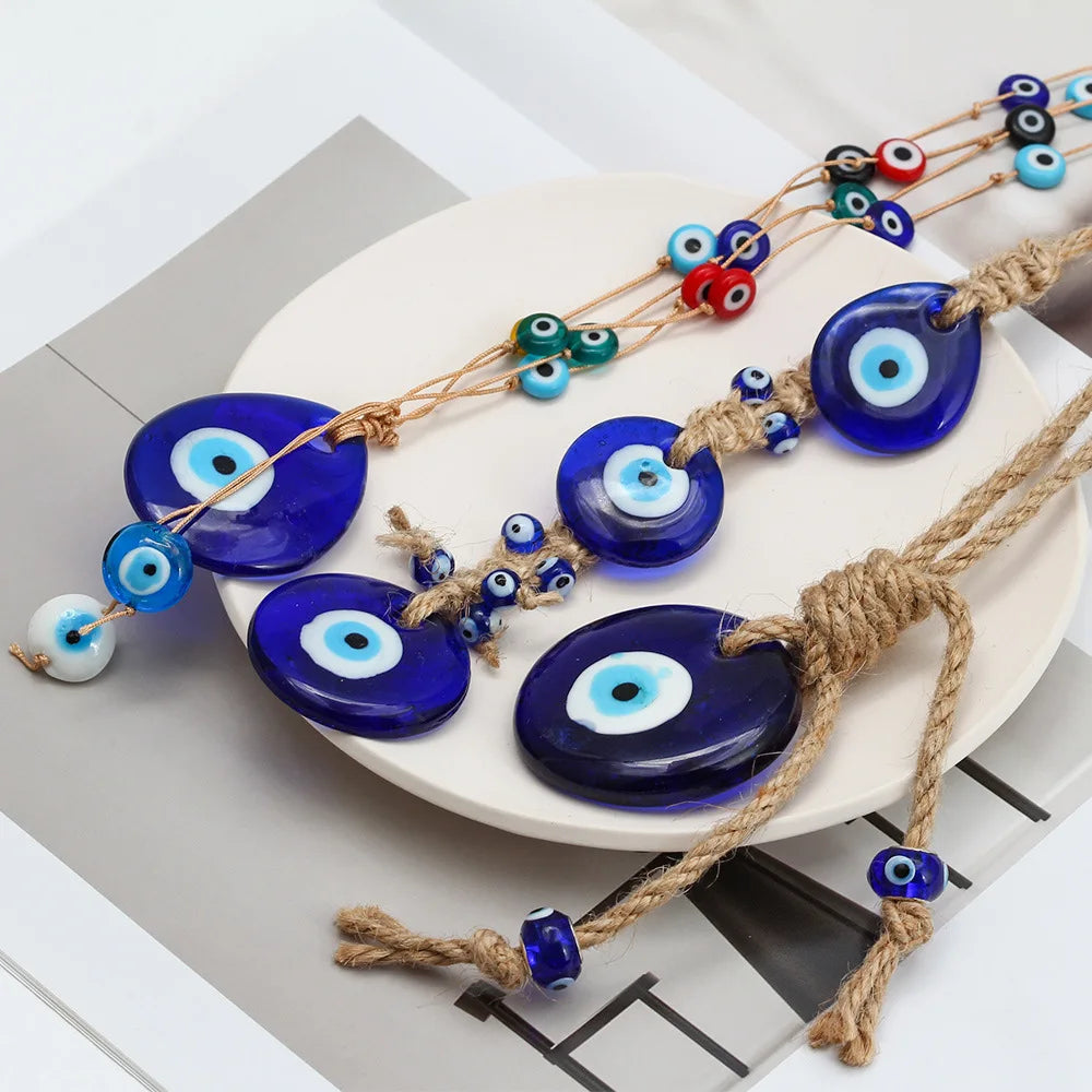 Turkish Style Handmade Jute Rope Glass Good Luck Gift Pendant Art Deco Design Home Garden Decor Evil Eye Ornament for Hanging