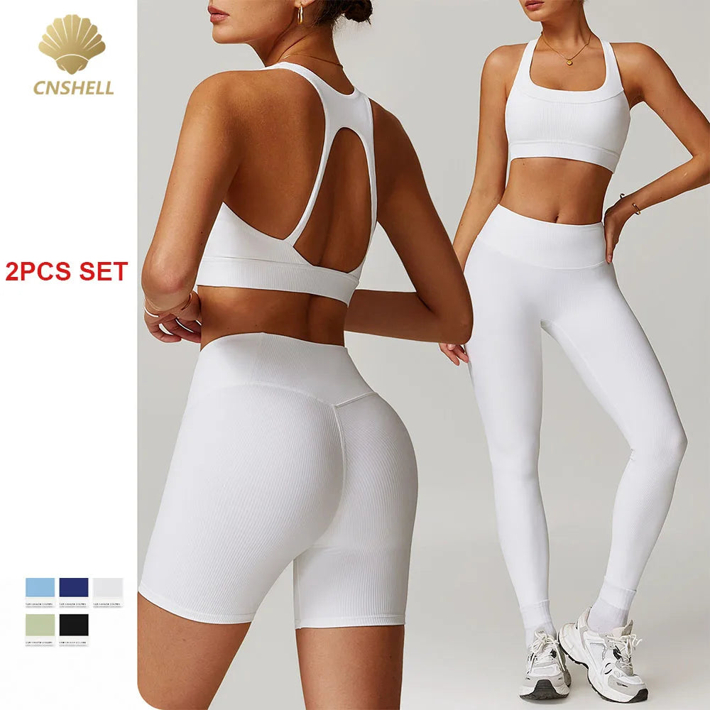 CNSHELL Custom Logo Nylon Ribbed High Elastic Bra Legging Yoga Workout Gym Fitness Sports 2 PCS Set