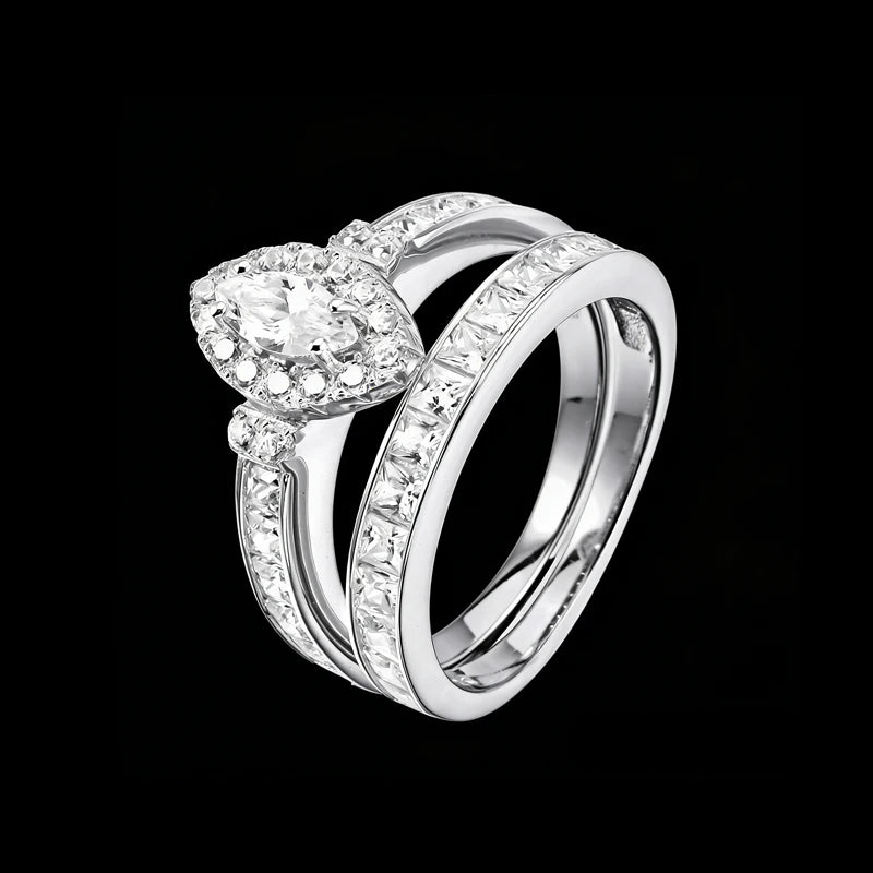 Pear-Cut Halo Design Engagement Wedding Bands 925 Sterling Silver Zircon Couple Ring Set