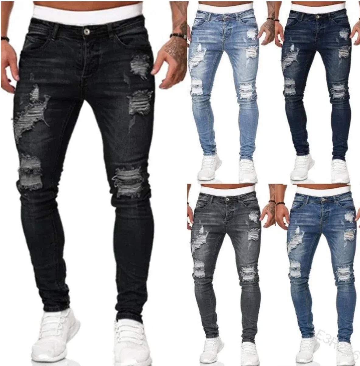 OEM ODM Elastic Trend Paint Splash Hole Casual Men'S Jeans Denim Pants Ripped Stretch Skinny Jeans Mens Scratch Jeans for Men