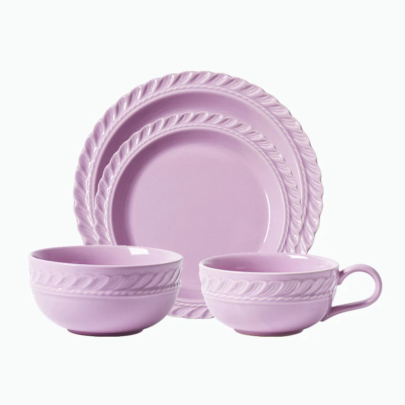 Nordic Style Retro Pattern Embossed 4pcs Porcelain Dinnerware Sets Plate Bowl Mug for Home Hotel Restaurant