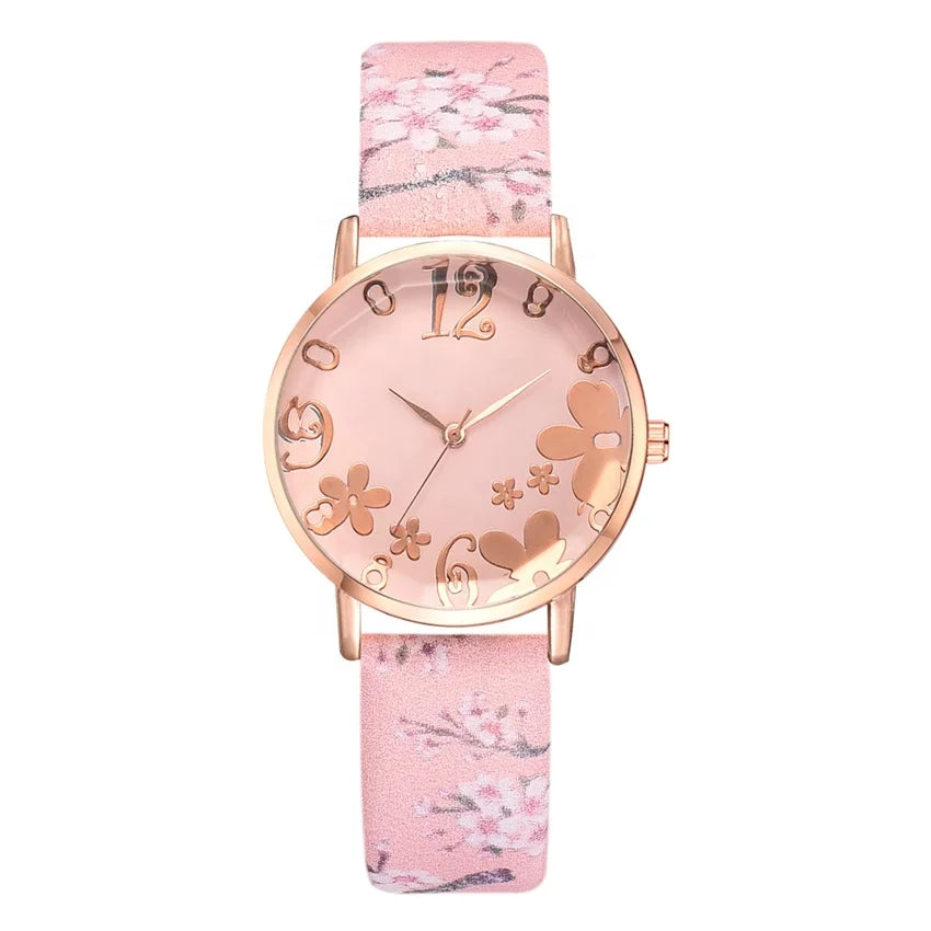 Girl Leather Watches for Women Fashion Embossed Flowers Small Fresh Printed Belt Dial Watch Female Student Quartz Watch Relogio