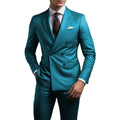 Blue Green Suits for Men Set Double Breasted Peaked Lapel Casual Male Clothing Daily Outfits 2 Piece Jacket Pants Blazer