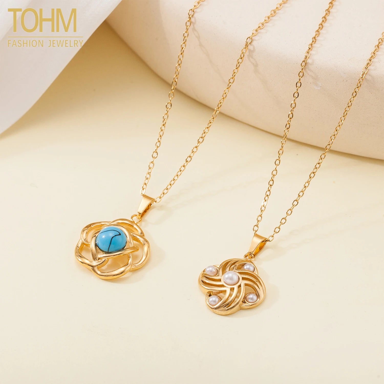Wholesale 18K Gold Plated Stainless Steel Pendant Necklace Hollow Twist Flower Turquoise Pearl Women Vintage Boho Jewelry Gift