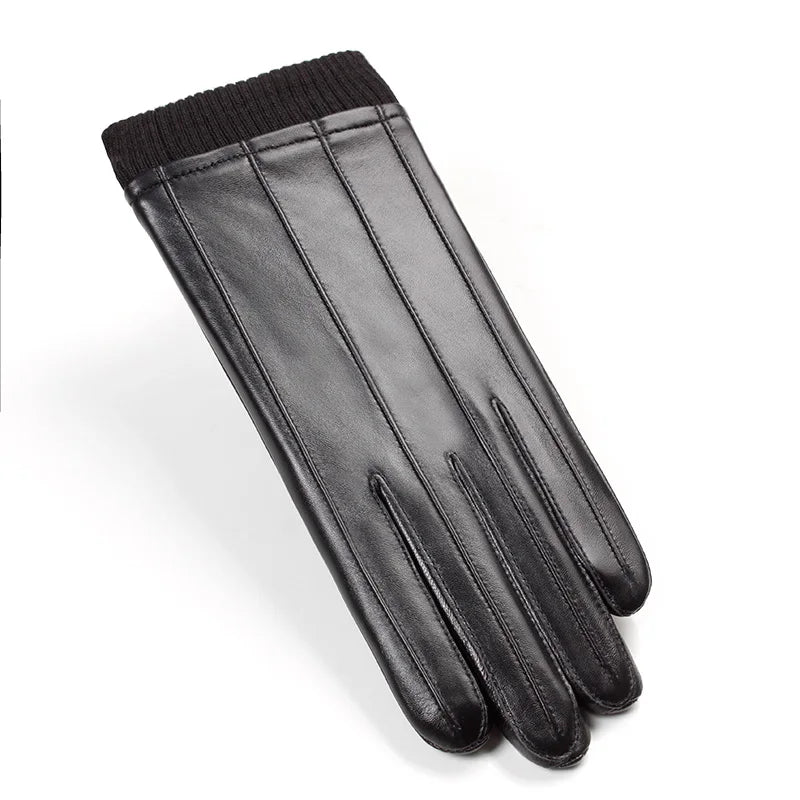 Warm Plush Lining Black Male Gloves Outdoor Real Leather Gloves