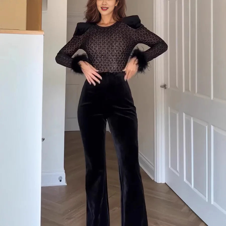 Boutique Wholesale 2026 Autumn New Fashionable Temperament Gold Velvet Splicing Long Sleeved Women's Jumpsuit MegaBDM