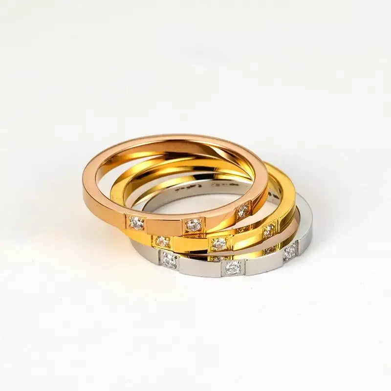 Trendy 2mm Thickness Handmade Three Zircons Gold Plated Ring Stainless Steel Jewelry Set for Women Gifts