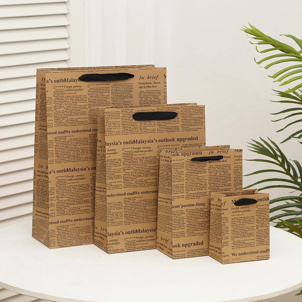 Durable Kraft Paper Gift Shopping Bag with Handle Recycled Printed Newspaper Design for Craft & Candle Use