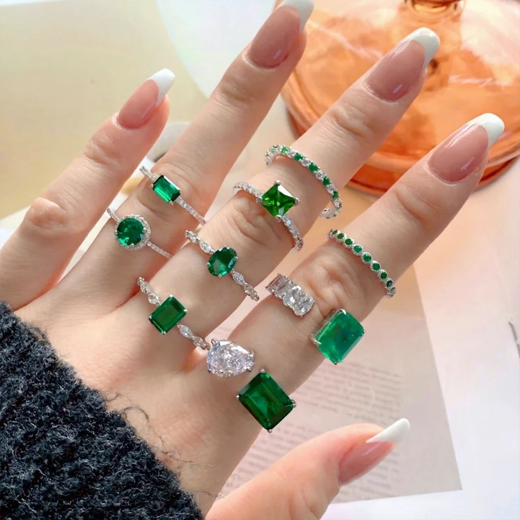 Luxury S925 Silver 5A Zirconia Green Emerald Cut Ring for Women Eternity Band Rings