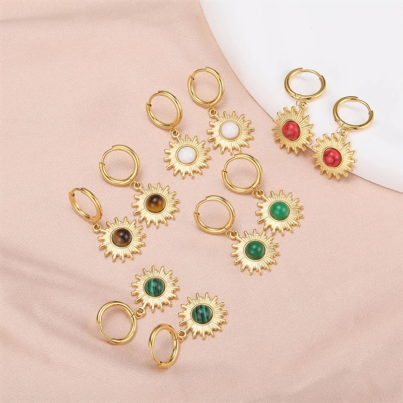Colorful Natural Stone Inlaid Sun Shaped Drop Earrings Turquoise Set Gold Plated Stainless Steel Dangling Pendant Earrings