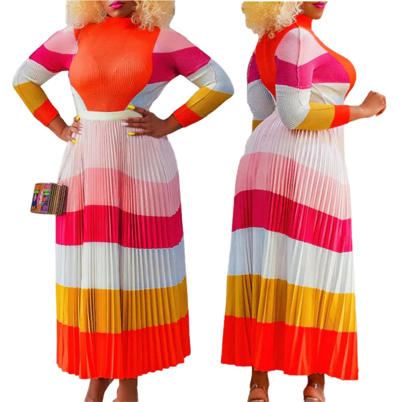 D420 Fall Two Piece Set Women Clothing Long Sleeve Pleated Print Contrast Color Skirt and Top Set for Women 2 Piece Skirt Sets