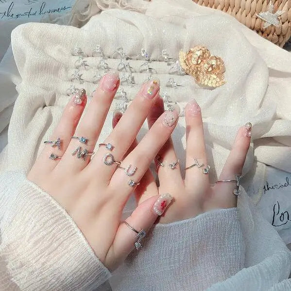 GT Wholesale 26 Letters 925 Sterling Silver A-Z Adjustable Diamond Inlaid Zircon Initials Open Ring