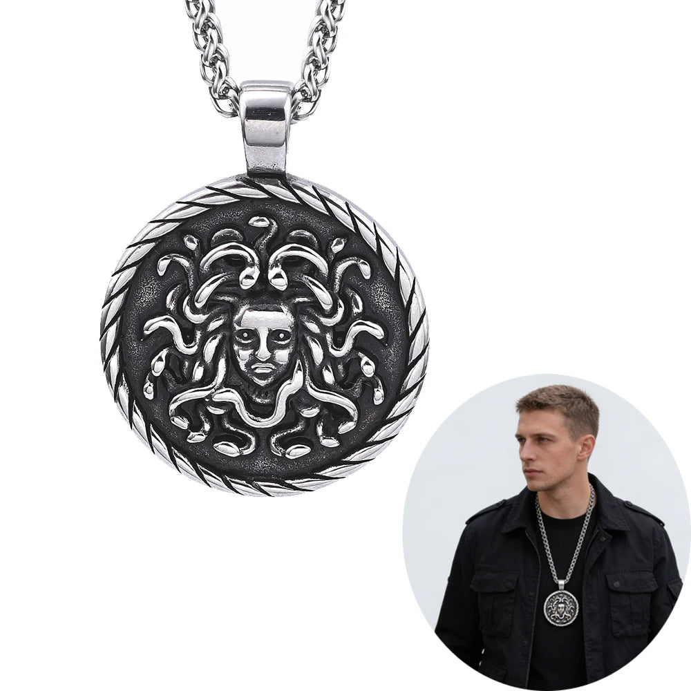 Greek Mythology Vintage Stainless Steel Round Shape Snake Hair Winged Female Pendants Necklace with Link Chain for Men Women