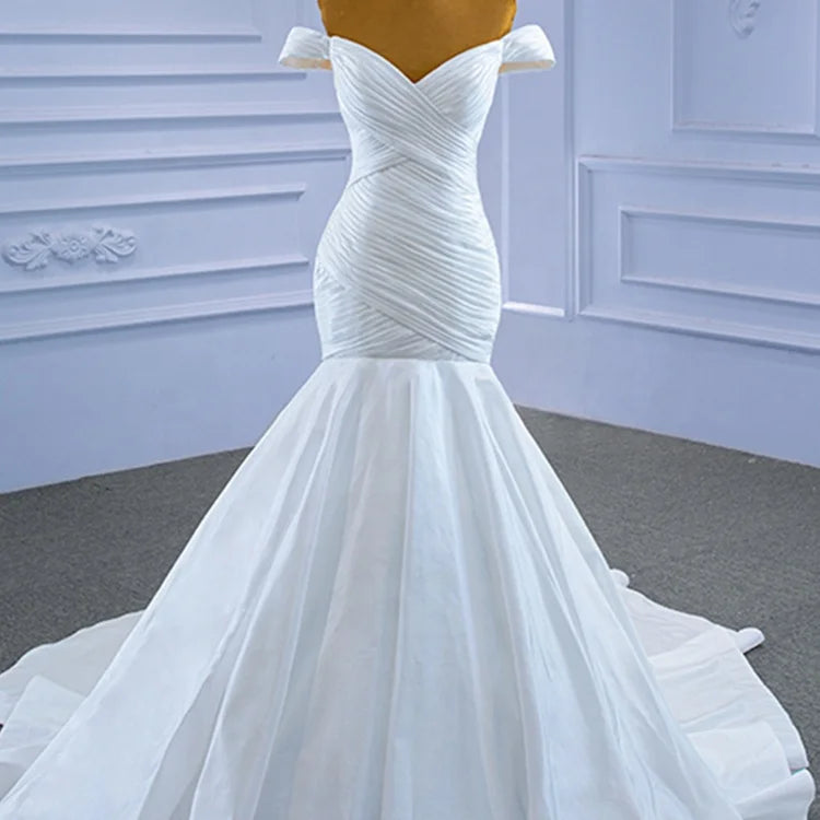 Jancember Rsm67350 Women'S Elegant and Simple One-Shoulder V-Neck Cross White Mermaid Wedding Dress