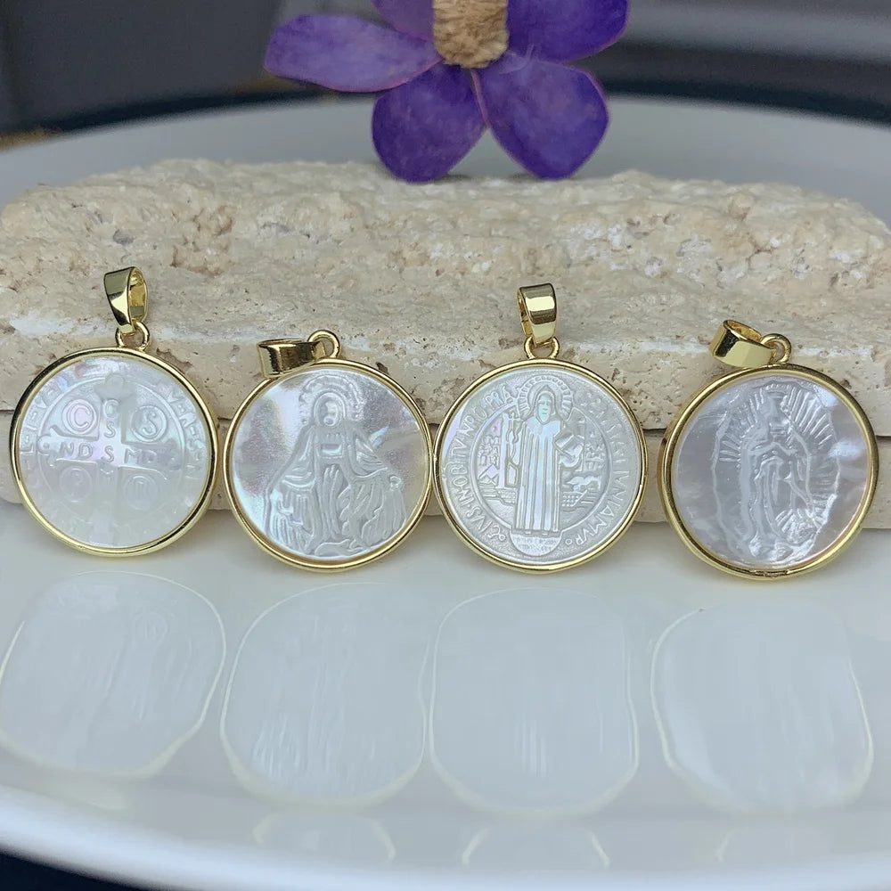Natural White Sea Shell Round Holy Saint Benedict Cross Guadalupe Virgin Mary Necklace Pendants Charms for Jewelry Making