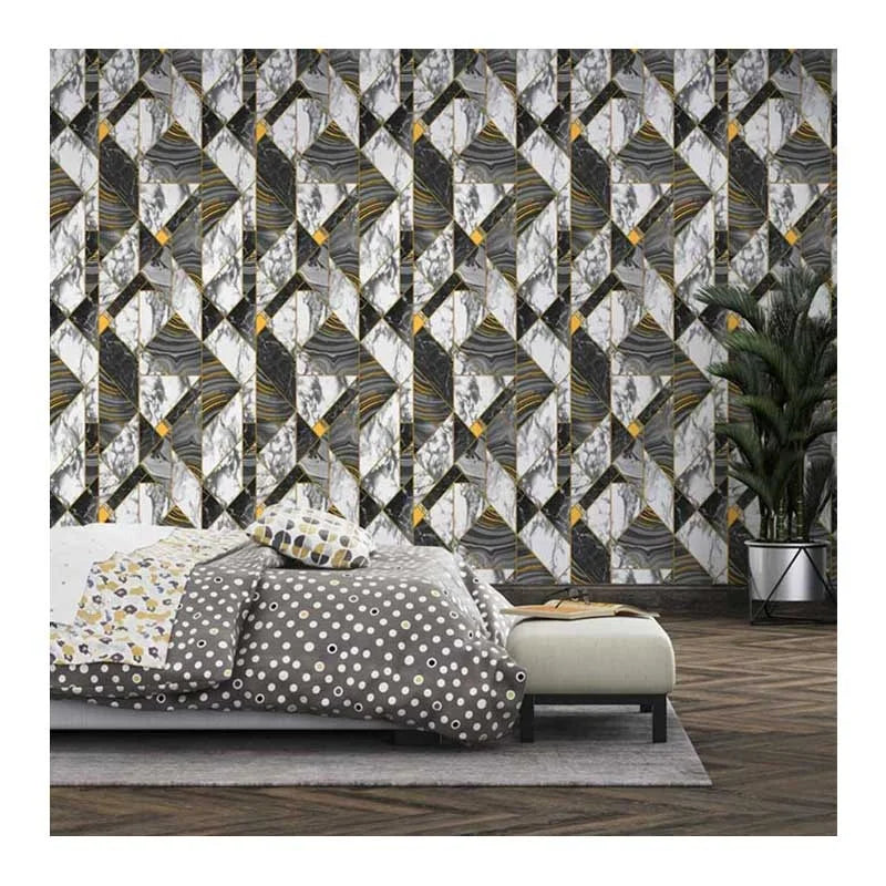 3D Black and Grey Geometric Marble Feature Wall Paper Hotel Bedroom Decorative Pvc Coated Wallpaper Living Room Wallcovering