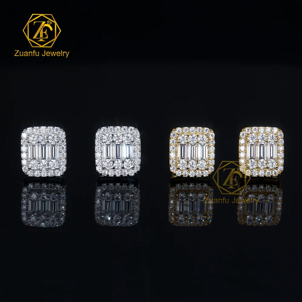 Luster Fine Jewelry Good Quality 925 Sterling Silver 18k White Gold Plated Baguette Round Shape Moissanite Stud Earrings