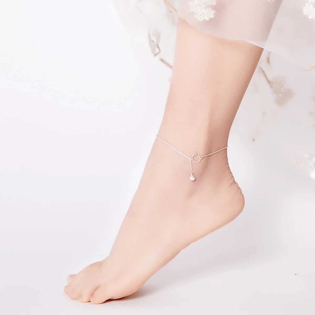 925 Sterling Silver Cute Cat Anklet Beaded Foot Jewelry for Women Barefoot Sandal Anklet Chain Anklets Gifts SCT003