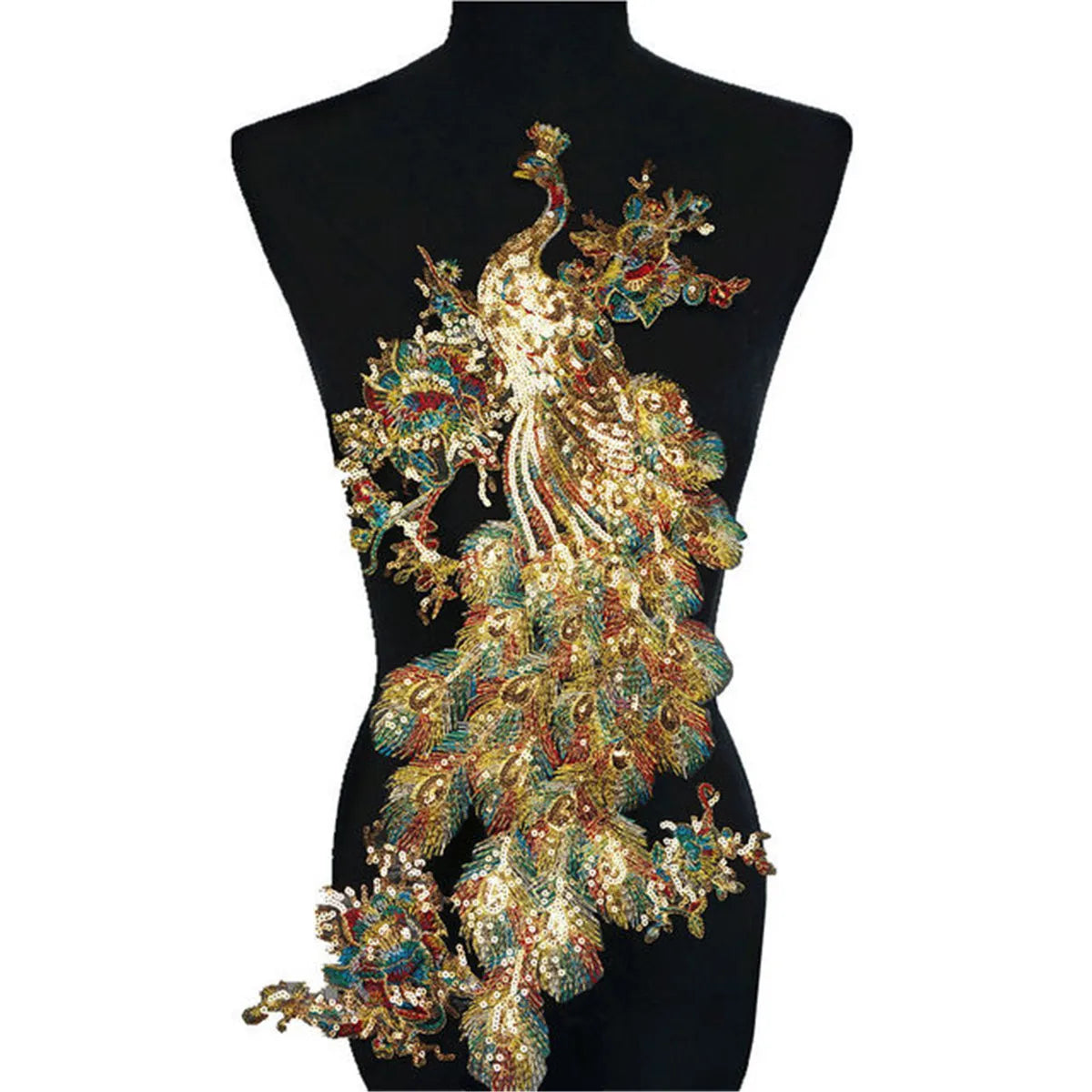 Fashion Peacock Embroidery Lace Applique Shimmering Sequins Tulle Patch DIY Sewing Dress Clothing