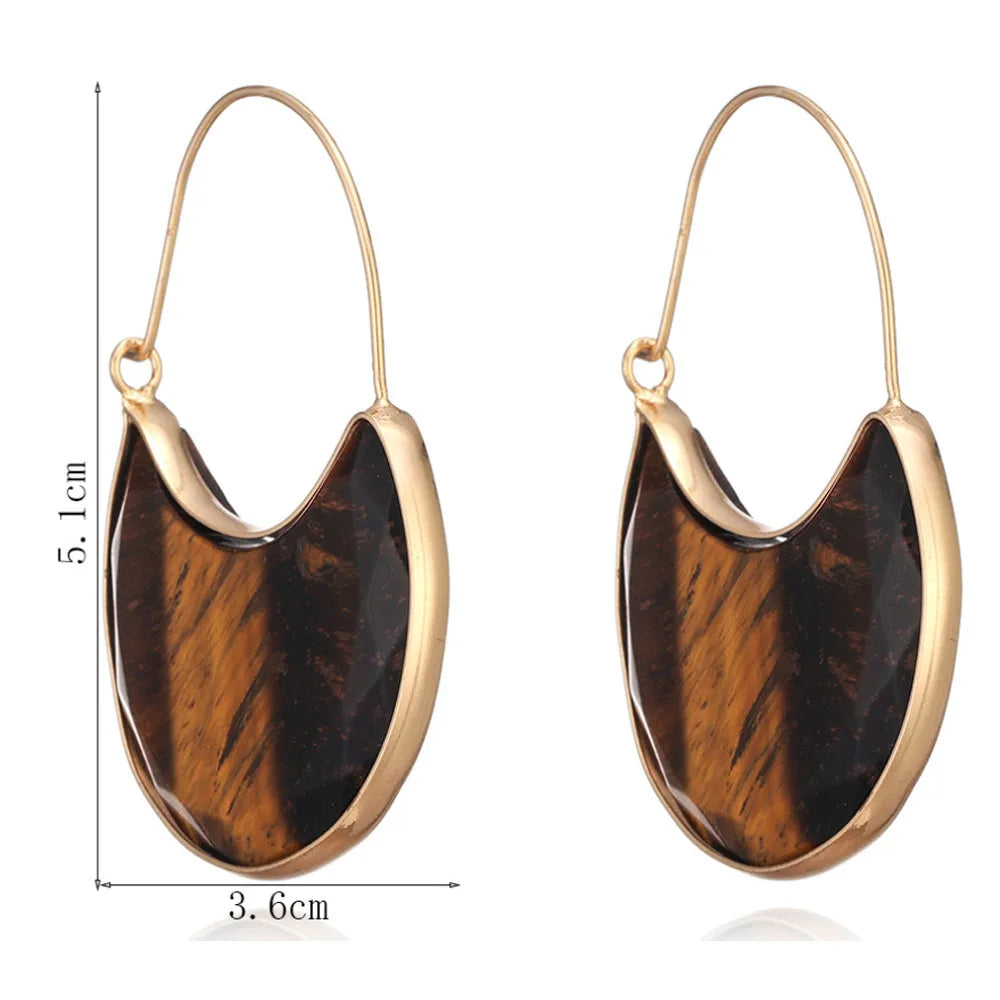 Fashion Chic Boutique Brass Alloy Unique Moon Shape Brown tiger Eye Stone Faceted Pendant Dangle Earring Women Earrings Jewelry
