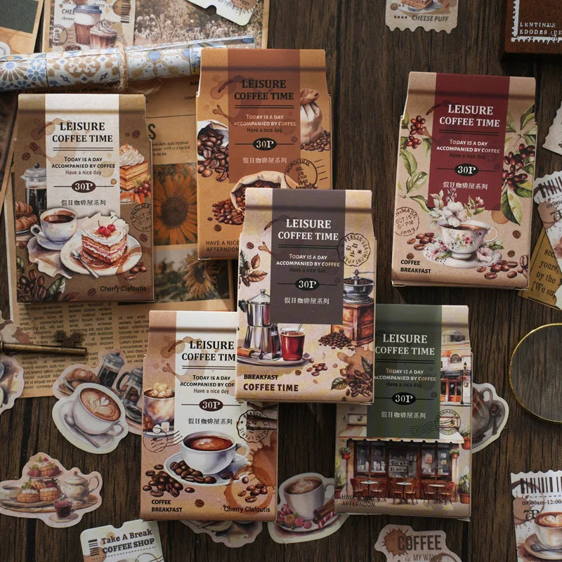 Packaged 30pcs Boxed Decorative Stickers Holiday Coffee Series-European Vintage Collage for Handbook Decoration