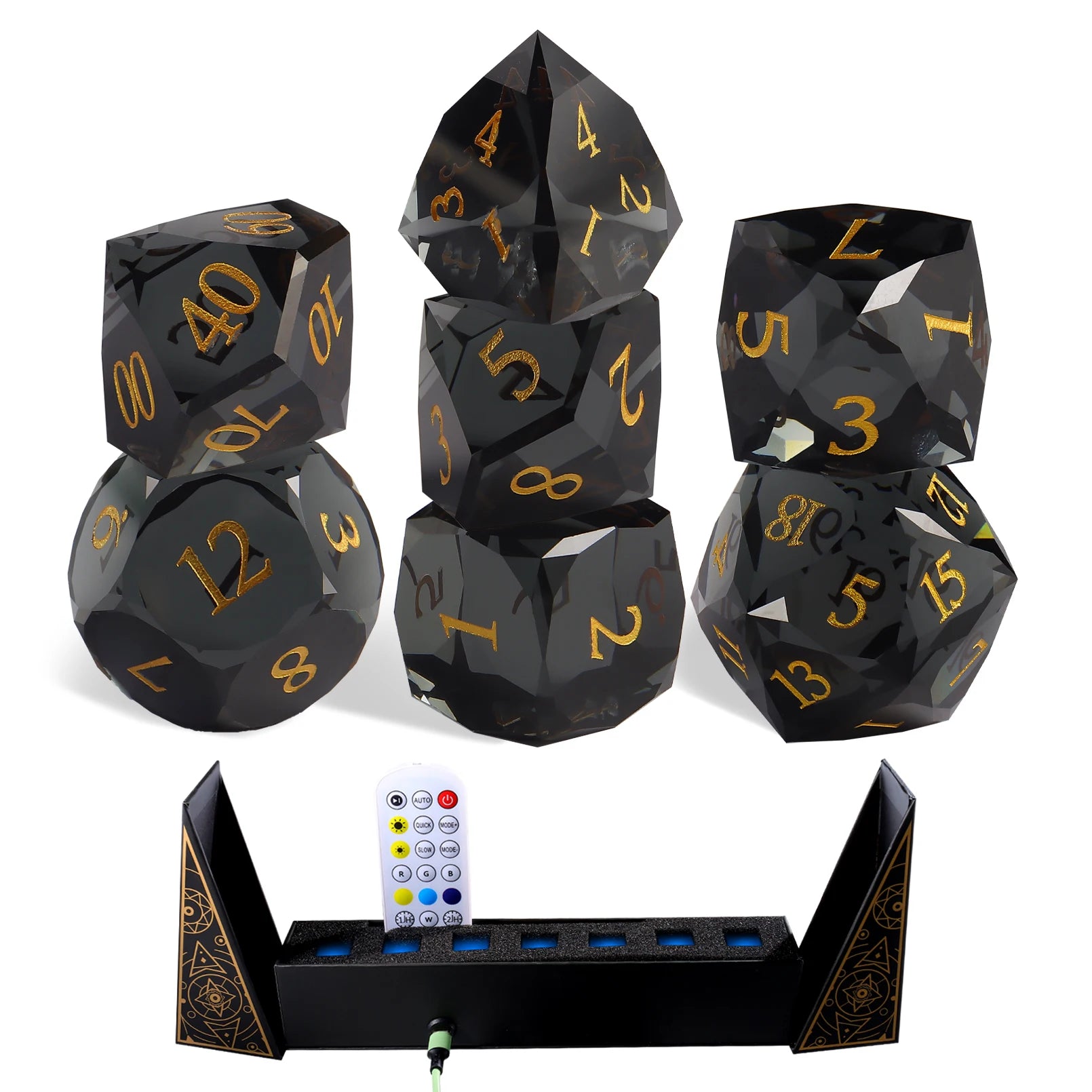 Factory Wholesale Dnd Dice Grey Black Glass Dice Set Custom Font and logo for Dungeons and Dragons RPG