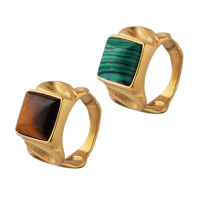Simple Stainless Steel 18K Gold Plated Irregular Green Natural Stone Finger Ring Titanium Steel Chunky Tiger Eye Stone Rings