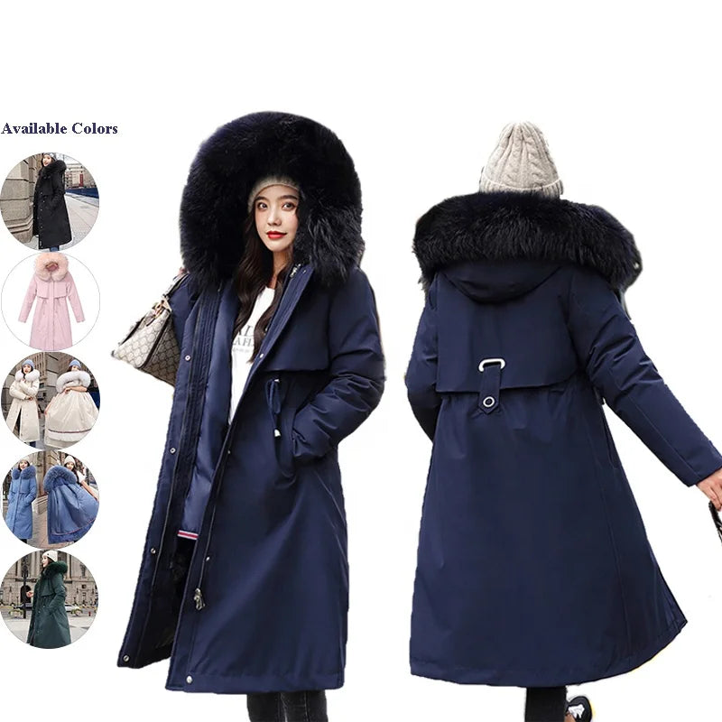 2022 New Parker Parka Quilted Waterproof Windproof Adjustable Waist Fur Collar Winter Jacket Women Maxi Long Hooded Stripe