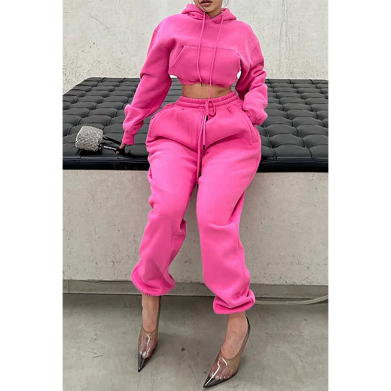 Wholesale 2025 Women Clothes Casual Sportswear Custom 2-Piece Knitted Hoodie and Pants Set XL Size Tracksuit for Women