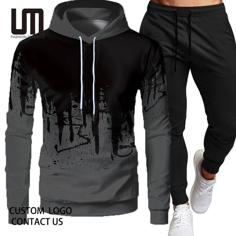 Liu Ming Custom Logo Men Autumn Winter Casual Outwear Hoodies Tracksuit Sweatshirt and Sweatpants Set