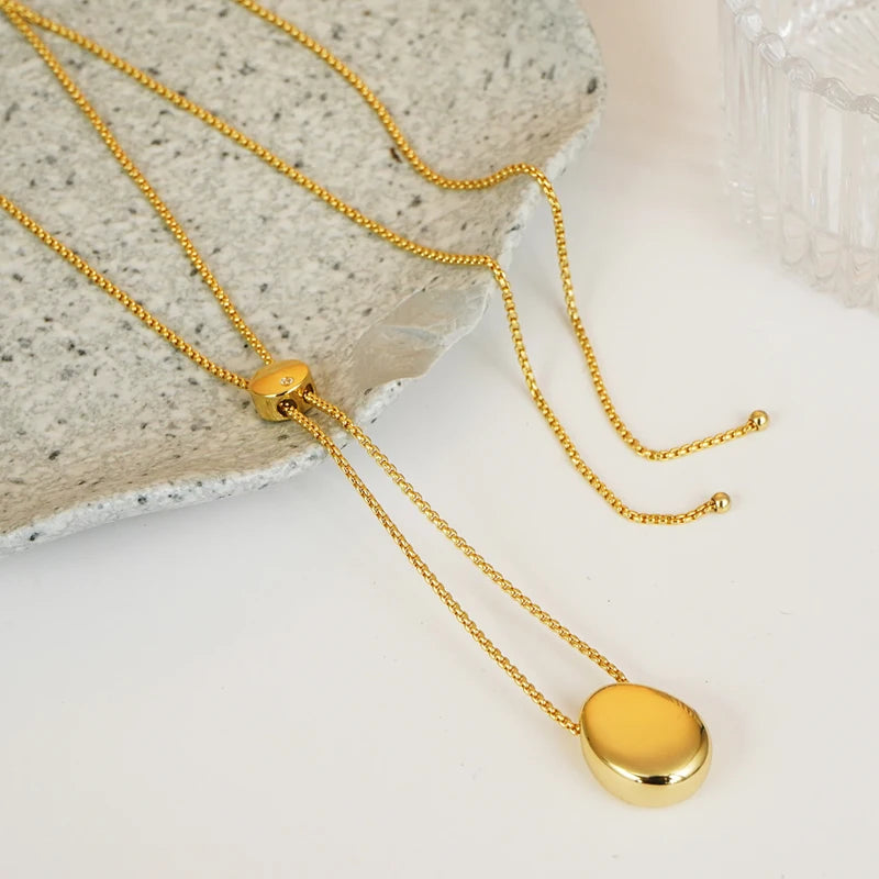 Unique Design Pull Adjustable Sweater Chain 18k Gold Plated Brass Round Button Charm Necklace for Women Daily Wear