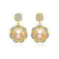 CZCITY Silver Jewelry Gold Plated Freshwater Pearl 925 Sterling CZ Luxury Drop Flower Earrings