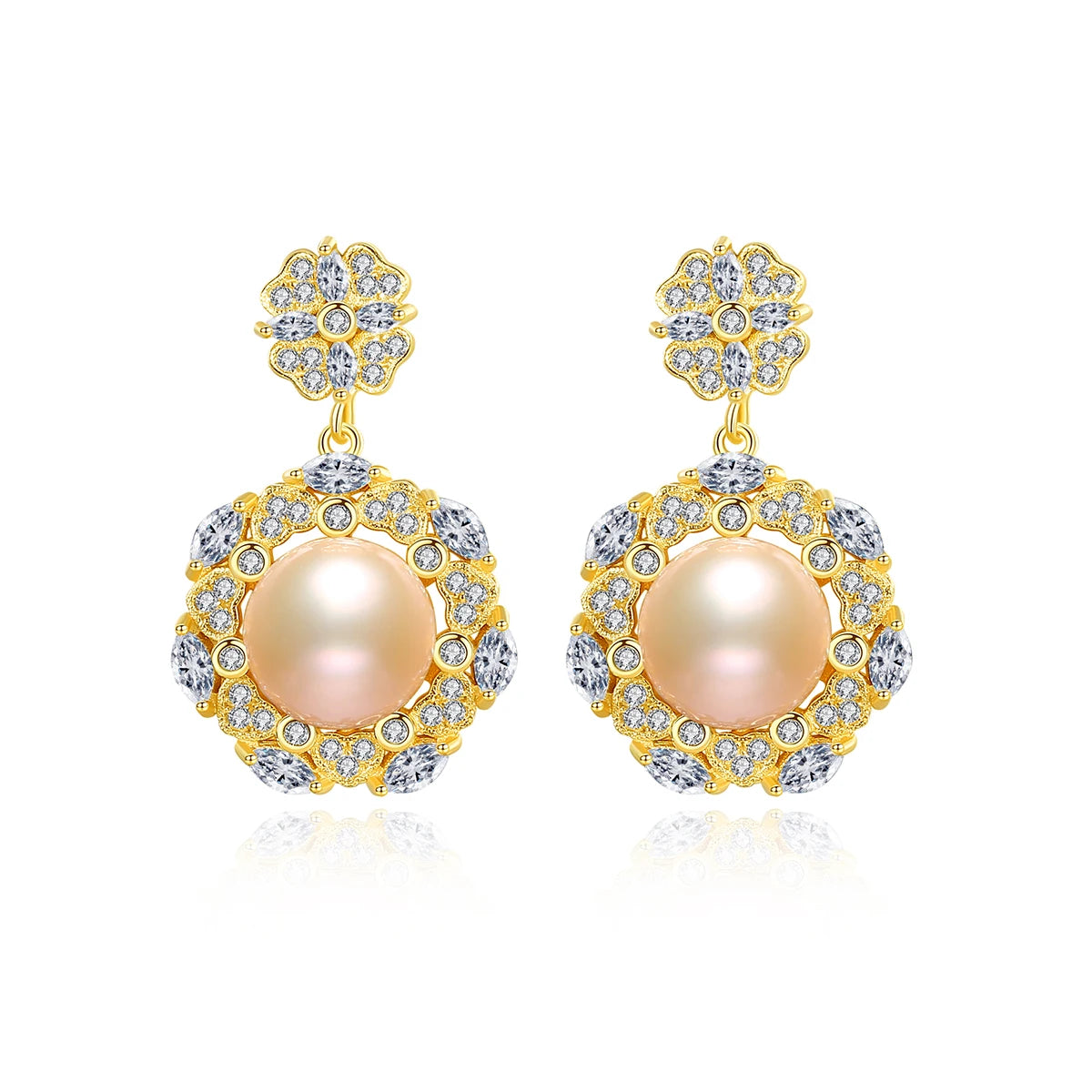 CZCITY Silver Jewelry Gold Plated Freshwater Pearl 925 Sterling CZ Luxury Drop Flower Earrings