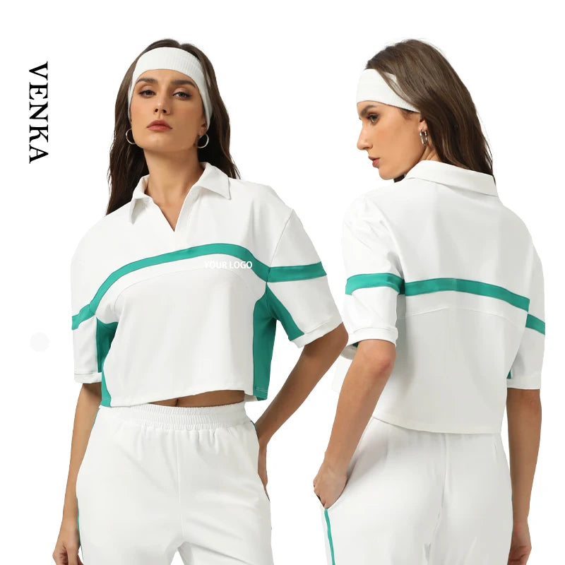 Ladies Polo Neck Casual Loose Contrast Color Crop Top Custom Logo Women Tennis Quick-Dry Gym Fitness Yoga Short Sleeve T Shirt