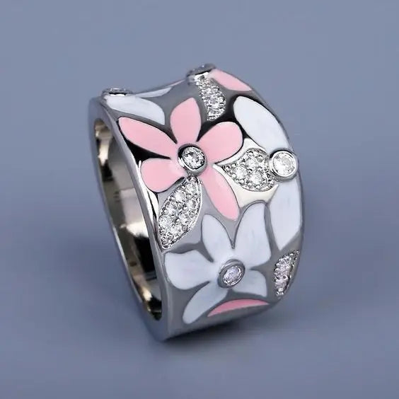 Huitan Aesthetic Enamel Flower Finger Ring for Women Wedding Party Ring Silver Plating Luxury Imitated Diamond Round Rings OEM