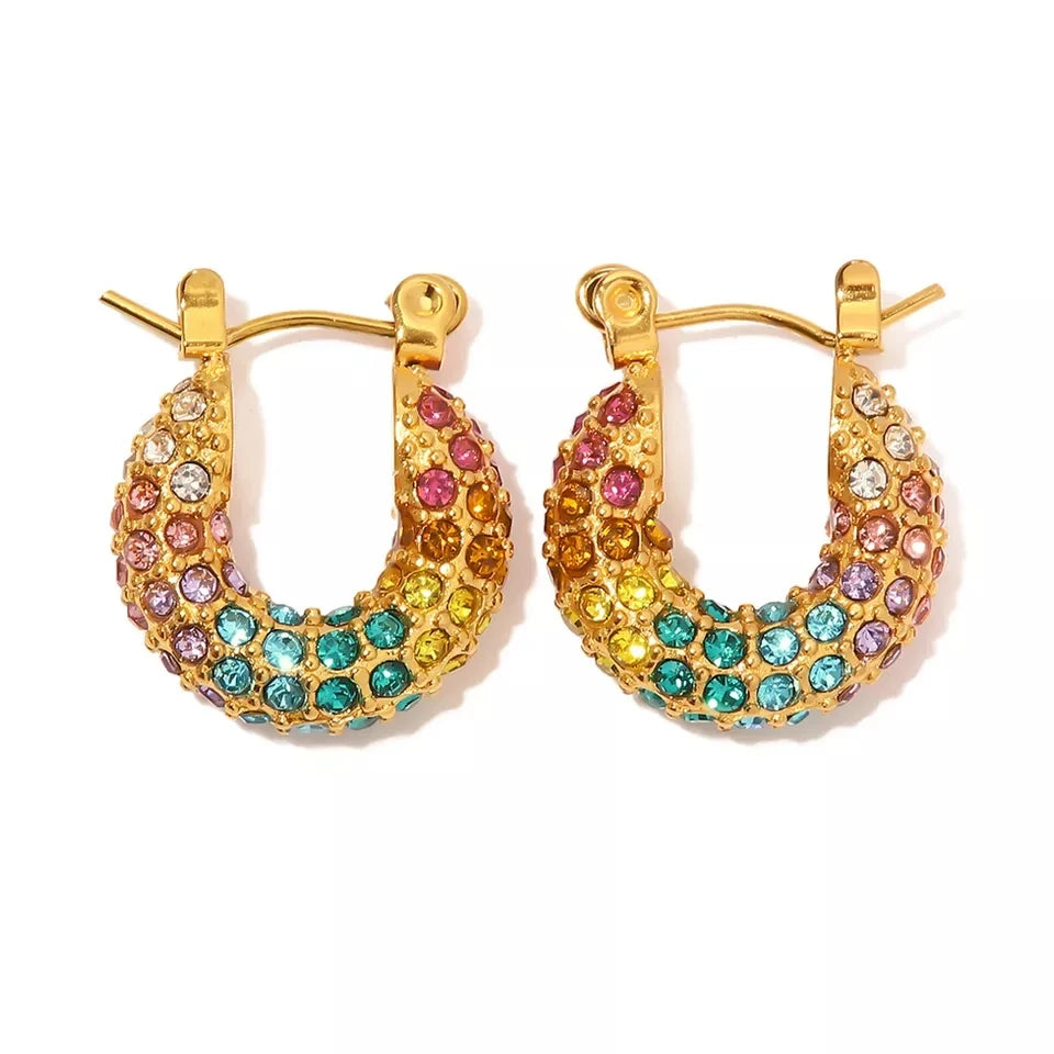 Wholesale 18k Gold Plated Trendy Statement Large Bling Colorful CZ Diamond Huggie Hoop Earrings Stainless Steel Gift for Girls
