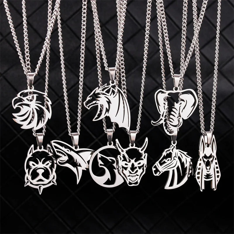 Hiphop Gold Stainless Steel Round Cut Out Punk Style Hollow Eagle Animal Wolf Head Pendant Sweater Necklace for Men