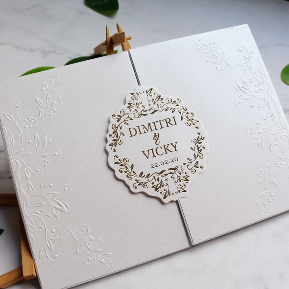 Elegant Gatefold Hardcover Wedding Invitation Card Embossing Invitations with Custom Foil Monogram