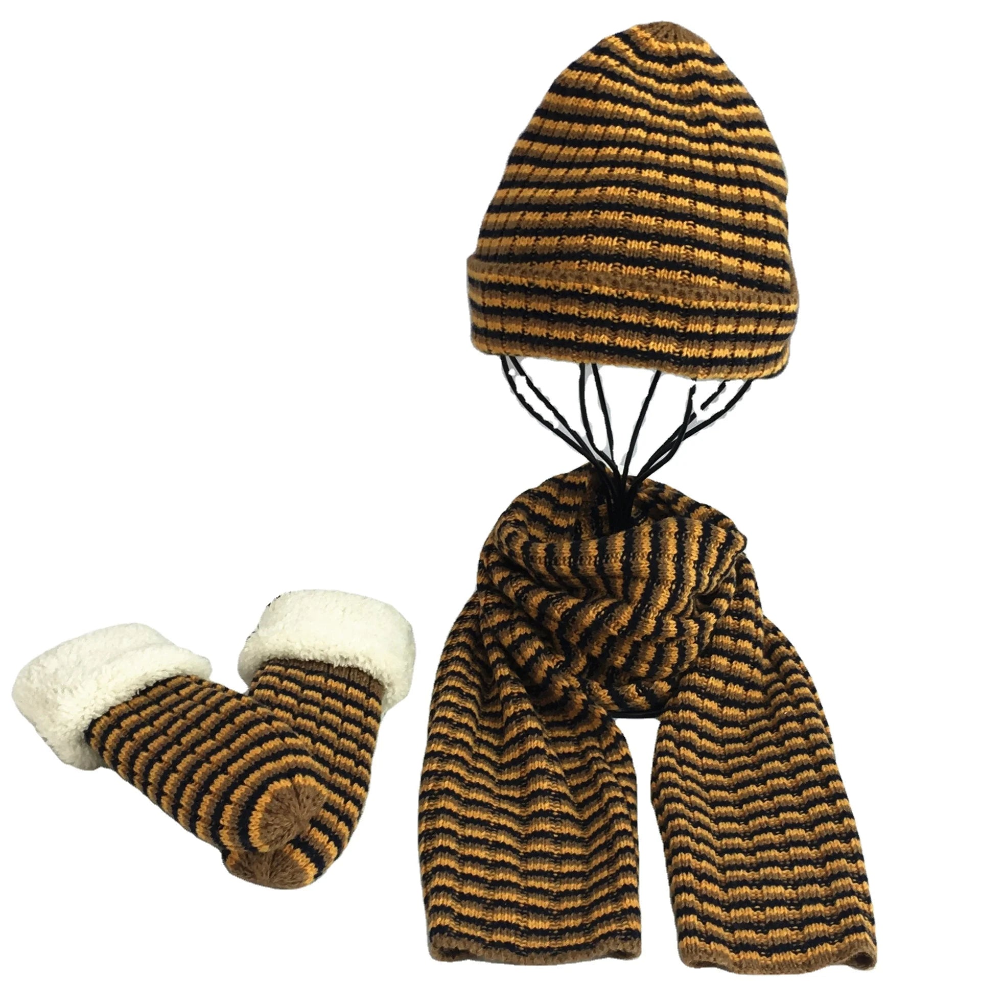Ready to Ship Kids Wool Blended Thickness Stripe Knitted Beanie Hats Cap Set Woman Scarf and Glove Sets Winter Hat and Gloves