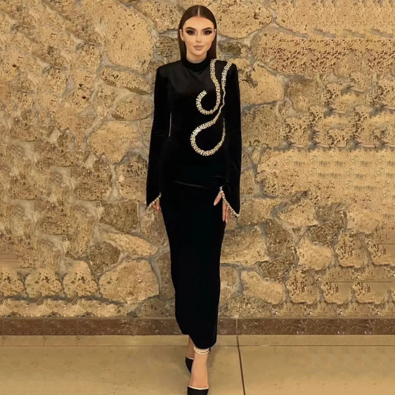 New Sexy Long Sleeved Luxury Diamond Bodycon Midi Bandage Elegant Evening Party Vestidos Formal Occasion Wholesale Women Dress