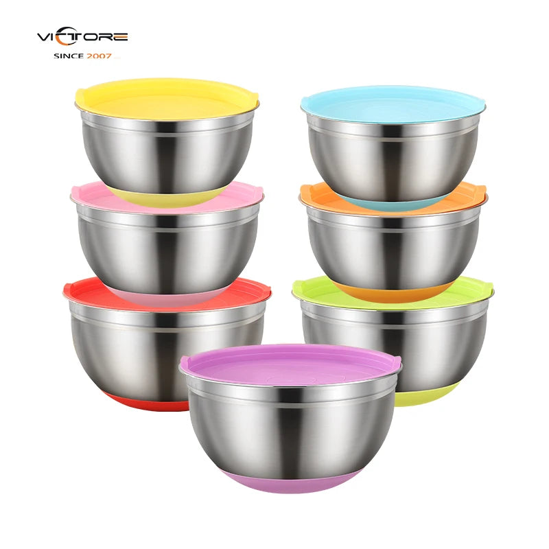 Stainless Steel Mixing Salad Bowl with Lid and Silicone Pad Set of 7 for Cooking Mixing Baking Serving Food Storage MegaBDM