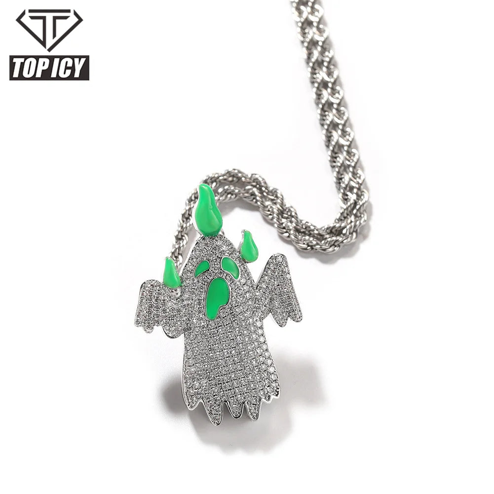 Top Icy Iced Luminous Enamel Glow Ghost AAA CZ Pendant Necklace Brass 18K Gold Plated Rope Chain Cute Dropshipping