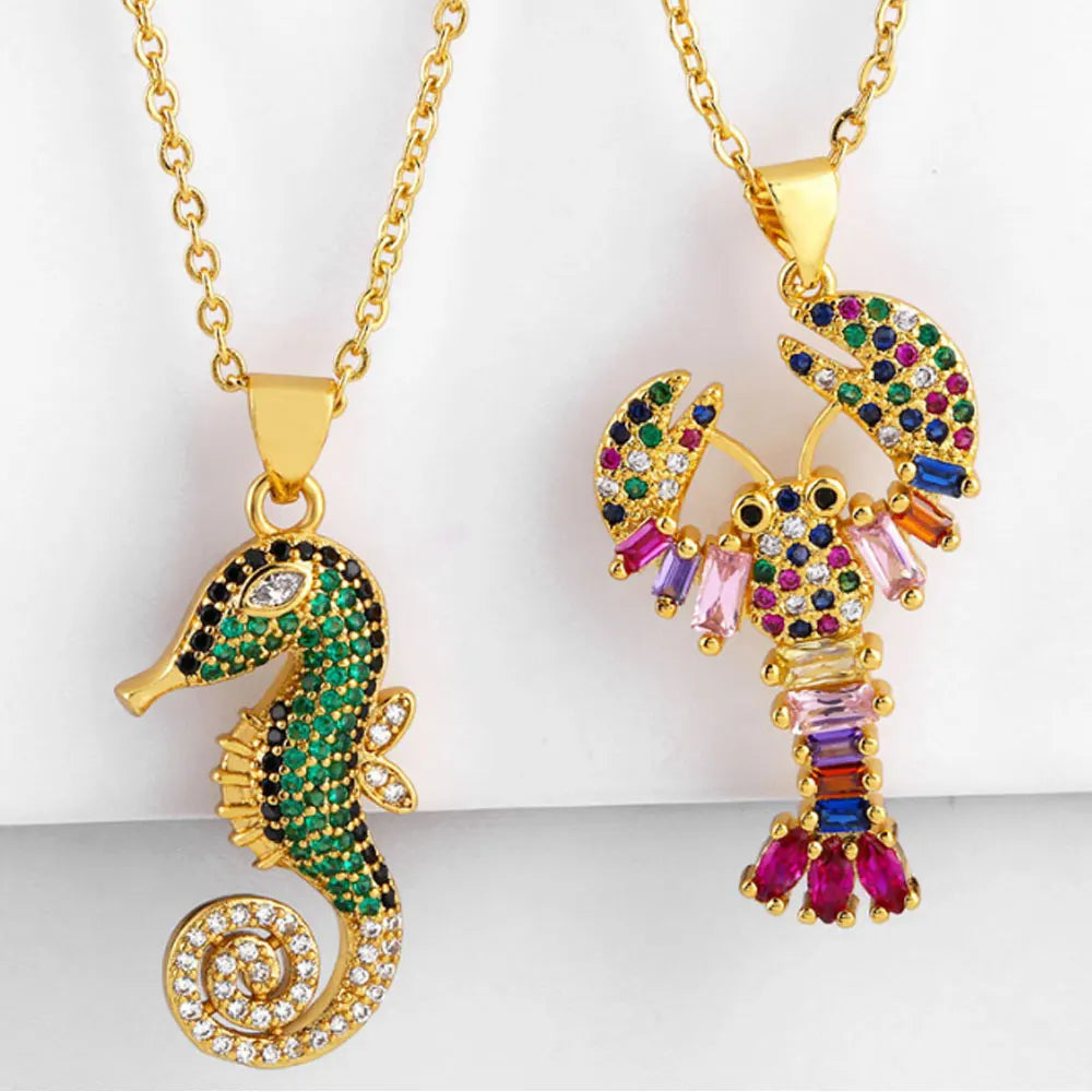 18k Gold Plated Zirconia Beads Paving Sea Horse Lobster Pendant Colorful Cute Simple Necklace Jewelry