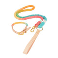 Factory Price Luxury Adjustable Dog Braided Collar with Leather Rope Dog Cotton Leather Leash Set Rainbow Dog Leash and Collar Set