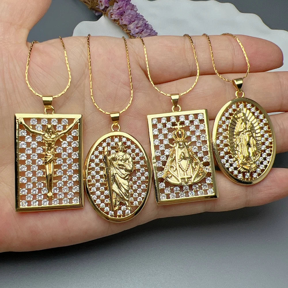 Fashion Religious Guadalupe Virgin Mary Necklace Metal Zircon Pendant Stainless Steel Chain for Women