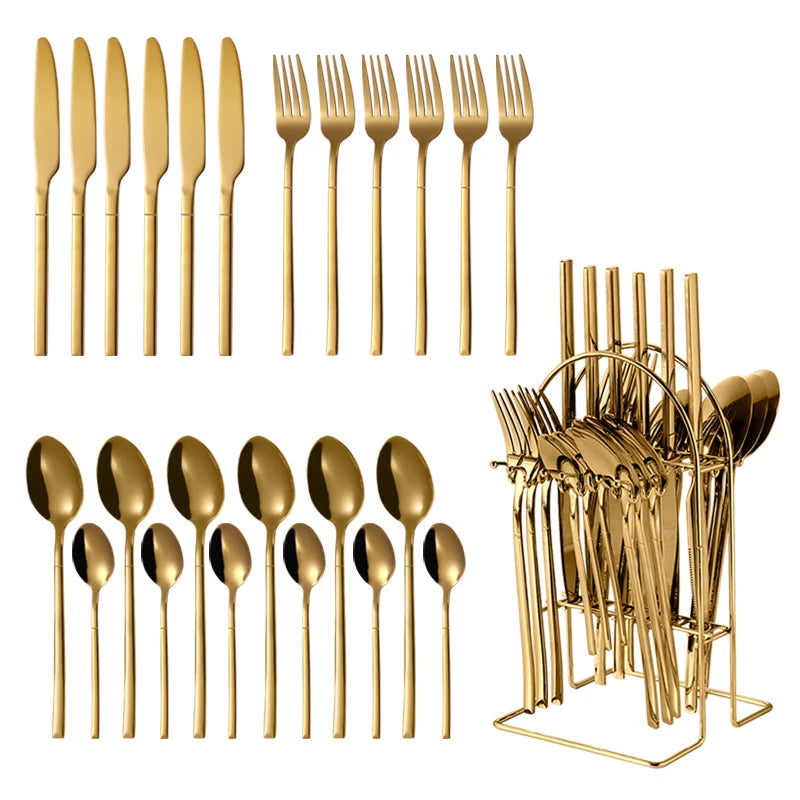 High Luxury Stainless Steel Cutlery Set for Restaurant Party; Golden Kitchen Silverware Flatware Metal Spoons Knives Elegant