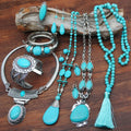 Women Western Vintage Religious Big Earrings Bracelet Necklace Silver Turquoise Africa Jewelry Set