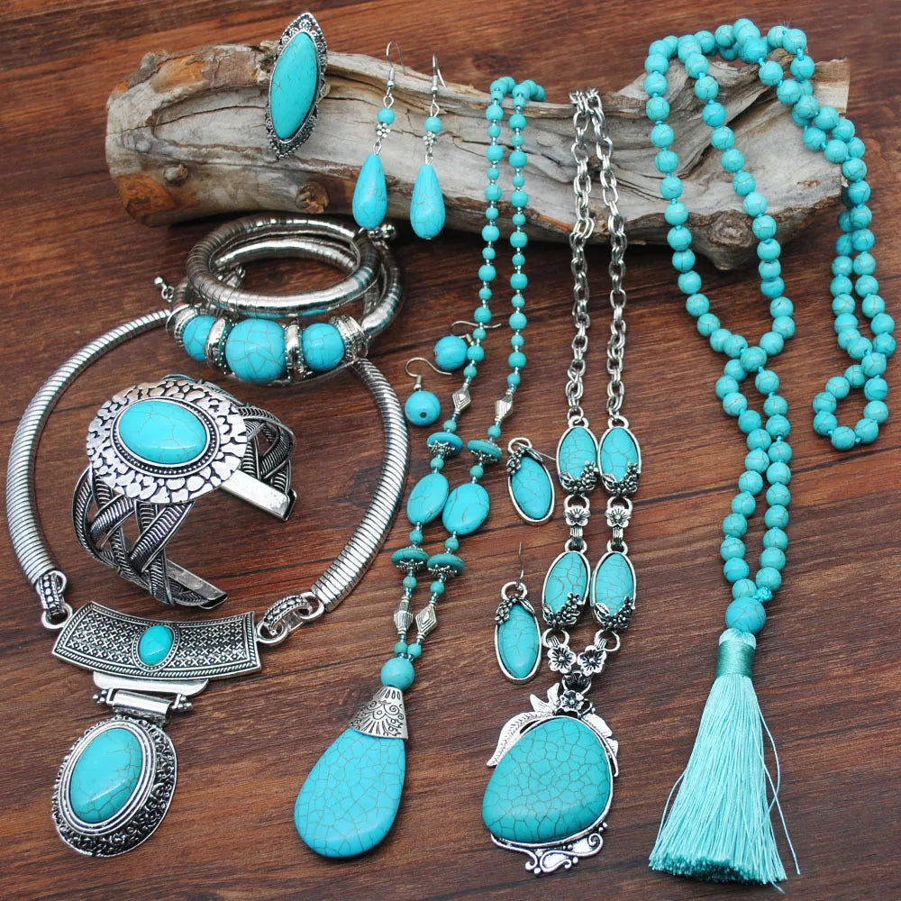 Women Western Vintage Religious Big Earrings Bracelet Necklace Silver Turquoise Africa Jewelry Set