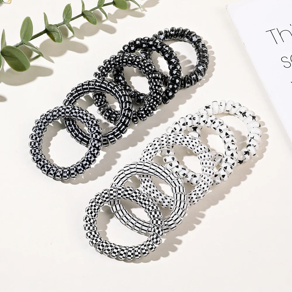 Women and Girls Waterproof Hair Ties Black and White Printing Traceless Elastic Coil Rubber Cute Phone Cord Hair Accessories